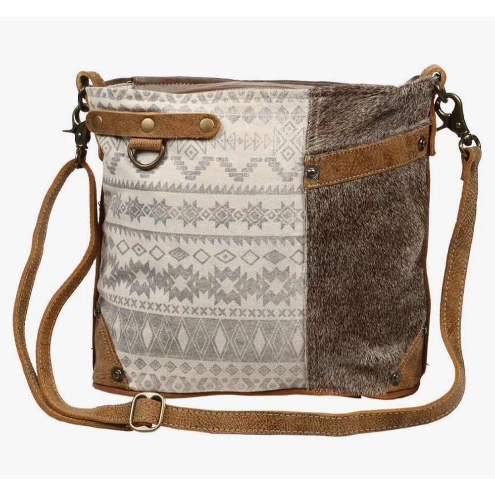 Myra Bag Floral Side Upcycled Canvas & Cowhide Leather Shoulder Purse